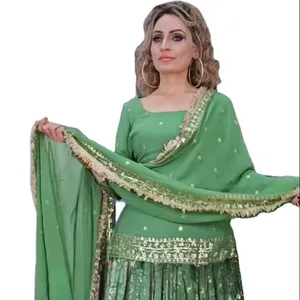 Conjunto Kurti bordado de lantejoulas indianas prontas para mulheres e senhoras Sharara Gharara de algodão