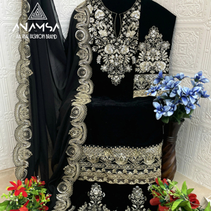 Diseñador Fancy Velvet Shalwar Kameez Set Bordado pesado Lentejuelas Semi-Cosido Ropa India Incluyendo Impreso Dupatta para - Product Image 1