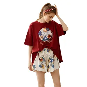 Ladies Flower Pattern Letter Printed Short Sleeve Blouse And Shorts 2 Pieces Pajamas Summer Cotton Lightweight Sleep Suits