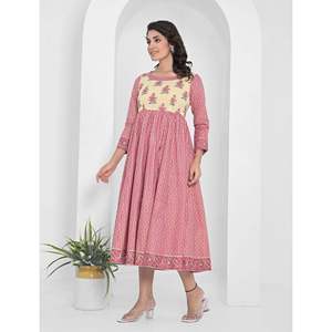 Pink Block Printed Long Cotton Anarkali Dress with Breathable Long Sleeves - Product Image 4
