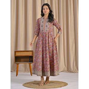 Peach Grey Jaal Hand <b>Block</b> <b>Printed</b> Anarkali Dress Soft Indian Pakistani Salwar Kameez - Product Image 4