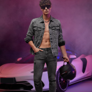 แจ็คเก็ตยีนส์ผู้ชายแฟชั่นขายส่ง สีดำ ทรงเข้ารูป สไตล์ใหม่ สำหรับผู้ชาย - Product Image 2