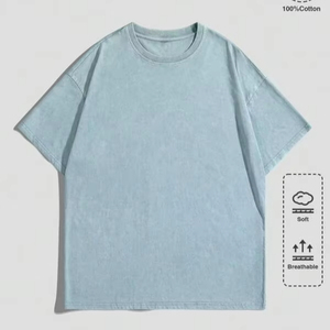 เสื้อยืดโอเวอร์ไซส์สีฟ้าอ่อน ผ้าฝ้าย 100% นุ่ม ระบายอากาศดี ทรงไหล่ตก สไตล์สตรีทแวร์ลำลอง เสื้อยืดฤดูร้อนสำหรับผู้ชาย - Product Image 1