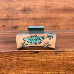 New Personalized Hand <b>Tooled</b> Leather Hair Claw <b>Clips</b> Cowboy Style Cowhide Leather Hair Claw for Women Luxury Designer Hair <b>Clips</b> - Product Image 3