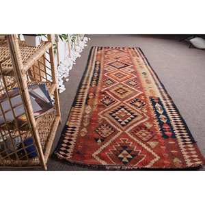 พรมตุรกีวินเทจสีแดงส้ม3.4 x 9.7ft ใหม่10มม. ผ้าขนสัตว์ยางเย็บปะติดปะต่อกันลวดลายนามธรรมสำหรับห้องนั่งเล่นที่บ้าน - Product Image 4