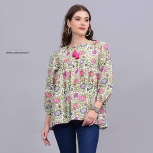 Robe courte d'été en coton indien faite à la main pour femmes imprimé floral asymétrique décontracté dentelle décoration naturel écologique - Product Image 2