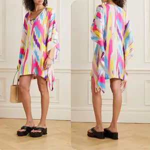 Vestido de verano con estampado abstracto multicolor, ropa de playa corta para cubrir, vestido caftán para mujer 2024