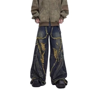 Manufacturer Custom High Quality 100% Cotton Retro Washed Distressed Slim Fit <b>Flare</b> <b>Jeans</b> <b>Men</b> Vintage Floral Pattern Mid Waist - Product Image 3