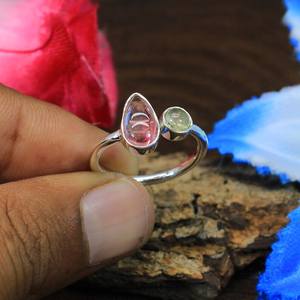 925 Sterling Silver <b>Adjustable</b> <b>Ring</b> Natural Pink Green Tourmaline Hip-hop Style Rhodium Plated Platinum Flower Fine <b>Rings</b> - Product Image 3