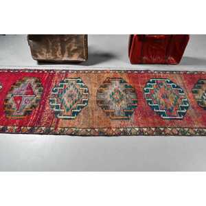 2.9x11.5 ft Vintage Turkish Rug, <b>Runner</b> Rug, <b>Red</b> Herki Oriental Rug - Product Image 3