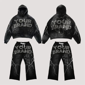 Men's Customized Acid Wash <b>Hoodie</b> Rhinestone Sweatpants Set Solid Winter Hooded Online Wholesale Top Selling Printed <b>Hoodie</b> - Product Image 5