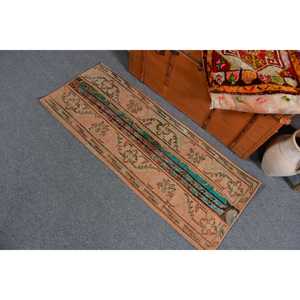 1.7x4.4 ft Vintage Rug, Turkish Small Rug, <b>Brown</b> Patchwork <b>Wool</b> Rug - Product Image 3