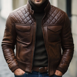 Men's Brown Genuine Leather Moto <b>Jacket</b> Stand Collar <b>Zipper</b> Closure <b>Pockets</b> Autumn Wear - Product Image 1