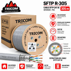สายเคเบิลเครือข่าย TRICOM SFTP CAT 5E ยาว 305 เมตร สำหรับภายในอาคาร แบบมีฉนวน PVC ตัวนำ CCA สีเทา - Product Image 1