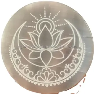 High Quality Natural Engraved 3 Inch Selenite Charging Plate With Moon And Flower Symbol Best Gift For Healing Buy From India