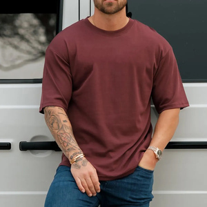 Peso pesado de gran tamaño personalizado serigrafiado Logo Drop Shoulder alta calidad 100% algodón cuello redondo Camiseta suelta para hombres - Product Image 2