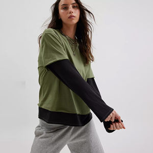 T-shirt pour femme en coton 100% gaufré à manches superposées, col rond, coupe ample, épaules tombantes, streetwear, luxe, doux, uni, respirant - Product Image 1