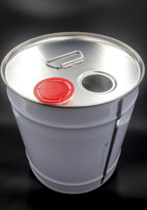 22,4 lt. diam. 300 x 345 mm customizable <b>tinplate</b> cylindrical drum with handle and pouring hole - Product Image 1