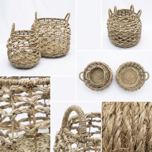 Panier de rangement moderne en jonc de mer naturel, écologique, avec poignée en maille ouverte, pour décoration de table et d'intérieur - Product Image 2