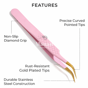 Pinzas Curvas Rosas para Pestañas, con Punta de Precisión Chapada en Oro, Herramienta Profesional para Extensión de Volumen, Agarre Profesional - Product Image 4