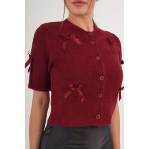 Wholesale Women's <b>Burgundy</b> Short Sleeve Knitted <b>Cardigan</b> Bow Ribbon Design - Product Image 1