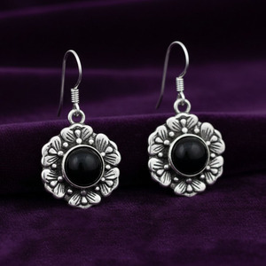 925 Sterling Silver Floral Drop <b>Earrings</b> <b>Black</b> Onyx Stone | Gold Trendy <b>Dangle</b> <b>Earrings</b> for Women | Party Jewelry Wholesale - Product Image 1