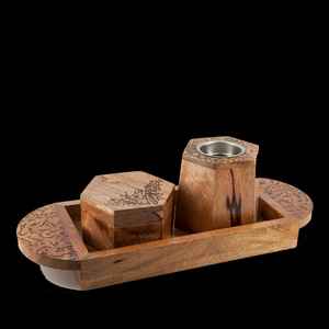 Quemador de incienso de madera Medkhan Mubkhar Bakhoor Juego de quemadores con bandeja de madera y caja Producto grabado por faizacraft - Product Image 1