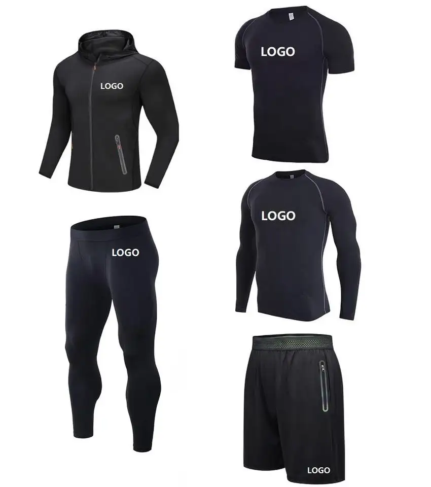 Custom Sportswear Compression Set Polyester Quick Dry Elastic 5pcs Workout Clothing Fitness Apparel Men Gym Wear