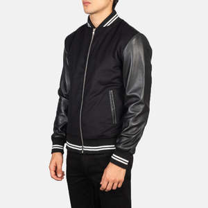 Men's Women's Black <b>Sheepskin</b> Leather Hybrid Varsity <b>Jacket</b> Water Proof XS Size Streetwear Style Hooded Collar Pattern - Product Image 2