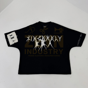 T-shirt Vintage con stampa a sbuffo in cotone pesante oversize Streetwear da uomo con stampa a sbuffo e toppe stampate - Product Image 1