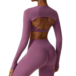 Ropa de Yoga para mujer, conjunto de gimnasio sin costuras de 3 piezas, Top de manga larga con sujetador y pantalones, patrón sólido, tarifa al por mayor 2025 - Product Image 2