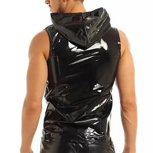 7XL Hommes Faux Cuir PVC Hoodies Débardeurs Fermeture Éclair Sans Manches Brillant Latex Chemises À Capuche Sexy Stage Clubwear Gay Tight T-shirts - Product Image 6
