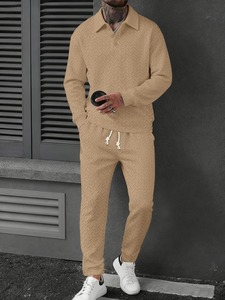 Ensemble deux pièces pour homme, streetwear élégant, printemps automne, décontracté, couleur unie, texture, polo et pantalon, costumes pour homme - Product Image 4