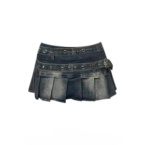 American Hot Girl wash heavy duty double strap design denim <strong>pleated</strong> <strong>skirt</strong> women fashion design <strong>skirt</strong> Y2K charm pocket cargo wrap