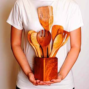 Ensemble d'ustensiles de cuisine en bois, ensemble de cuillères à salade en acacia, écologiques, lavables au lave-vaisselle, outils à salade pour la maison et la cuisine, fabriqués en Inde - Product Image 6