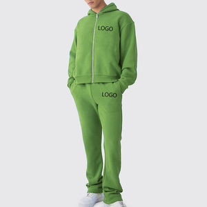 Ensemble de survêtement personnalisé brodé pour homme, en coton épais uni, avec pantalon de survêtement ample à jambe large et sweat à capuche zippé - Product Image 1