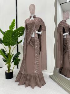 Nuevo diseñador Faux Georgette hilo con secuencia bordado trabajo Lehenga Saree volante drapeado Saree con encogimiento de hombros largo para mujeres - Product Image 5