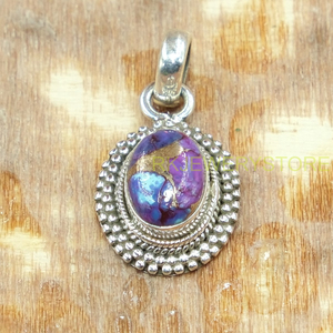 Colgante de Plata de Ley 925 con Cabujón Ovalado de Turquesa Cobre Púrpura Natural, Marco de Cuentas Hecho a Mano, Joyería Tribal Vintage Boho - Product Image 2