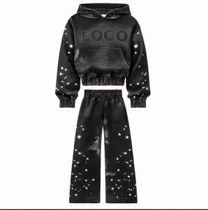 OEM Logo personnalisé Hommes Impression bouffante Strass Survêtement pour femmes Sweat à capuche et pantalon Ensemble Confortable Tendance Strass Survêtement - Product Image 5