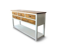 Table console Ovid en teck massif et bois d'acajou, avec une combinaison de couleurs blanches et naturelles pour l'intérieur