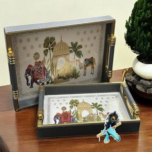 Plateau de service en cuir et bois à un niveau avec motif imprimé pour boissons Vaisselle Décorations pour la maison dans le salon de la cuisine - Product Image 1