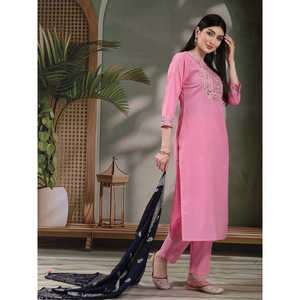 Kurta Recta Bordada de Algodón Puro para Mujer con Pantalones y Dupatta, Estilo Pakistaní, Ropa Étnica India para Diversas Ocasiones - Product Image 3