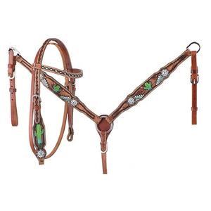 Ensemble classique de têtière et licou de cheval de l'Ouest en cuir repoussé à la main pour l'équitation équestre - Product Image 1