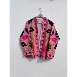 Handmade Reversible Suzani Embroidered Floral Breathable Woven Stand Collar Ladies Boho <b>Kantha</b> Quilt Hooded Cotton Spring <b>Jacket</b> - Product Image 1