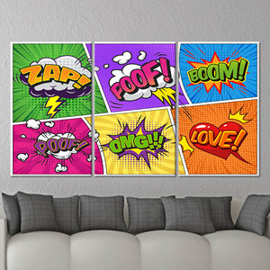 Obra de arte impresa en lienzo: Arte de pared en vidrio templado estilo Pop Art, estilo cómic, juego de 3 lienzos - Product Image 1