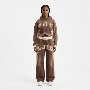 Conjunto de sudadera con capucha para mujer, pantalones deportivos de pierna ancha, chándal marrón, chándal de algodón con efecto lavado ácido, sudadera con capucha corta, conjunto de ropa urbana oversize - Product Image 1