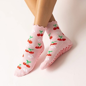 JZVINA Women Pilates Crew Socks Floral Print Ruffle Cuff Anti <b>Slip</b> Silicone Grip Yoga Training Floor Socks Custom Logo - Product Image 3