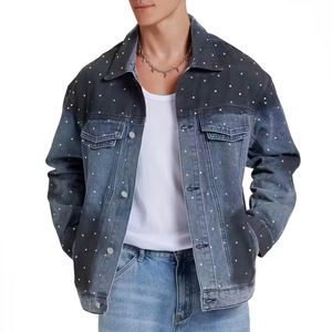 Chaquetas vaqueras para hombre de estilo callejero de alta calidad 100% algodón con logotipo frontal de diamantes de imitación Servicio OEM Precios bajos para el invierno - Product Image 1