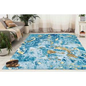 Tapis imprimé marbre doré, motif encre alcoolisée, fin, petit, bleu, tapis en velours - Product Image 4