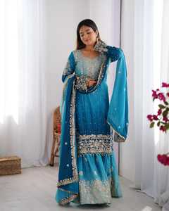 River Blue Elegant Sharara With Rivet Moti Work Coding Dori with <b>Sequence</b> with Rivet Moti Work <b>Top</b> With Sharara and Dupatta Set - Product Image 2